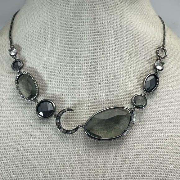 Fossil Black Gunmetal Tone Smoke Glass Rhinestone Celestial Necklace Statement - Picture 1 of 9
